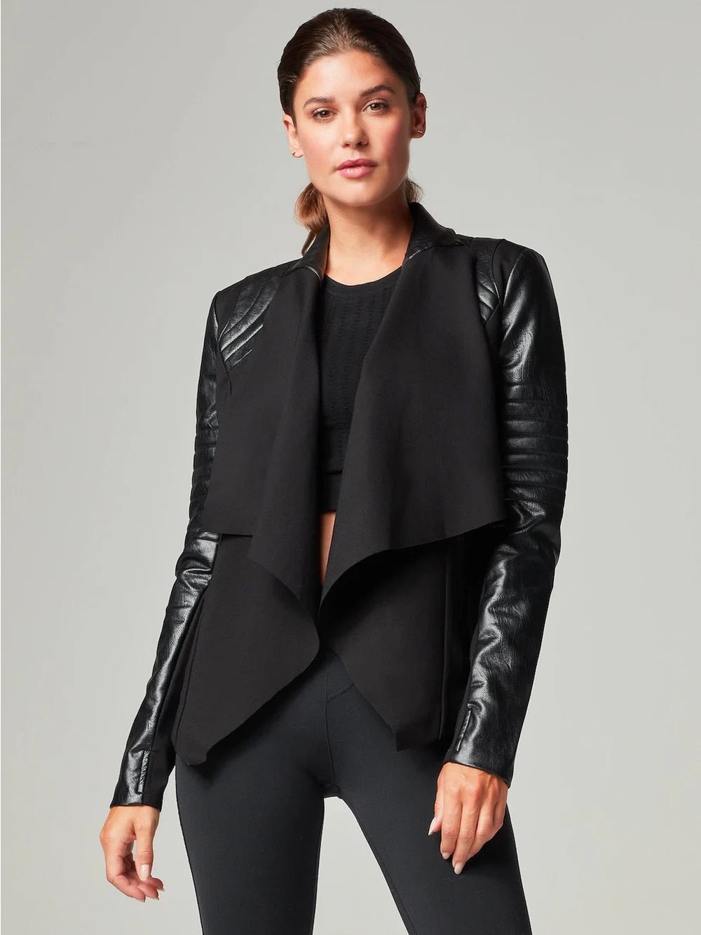 blanc noir Black Draped Open-Front Jacket with Faux-Leather Sleeves